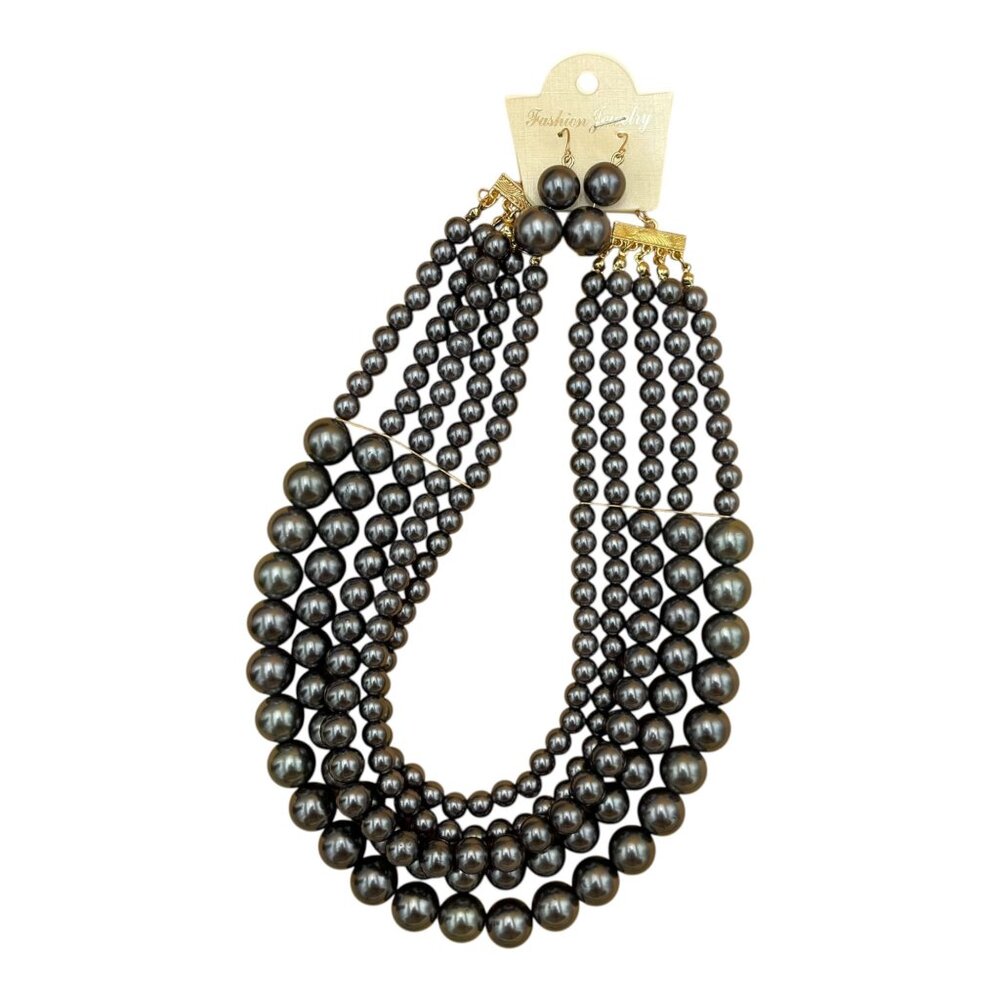 Vintage-Inspired Black Faux Pearl Statement Necklace & Earrings Set – Multi-Stra